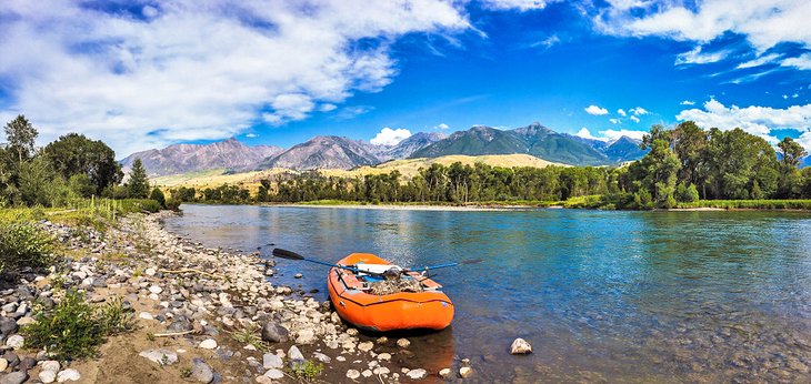 Raft fly fishing on a lively stretch of the Yellowstone River