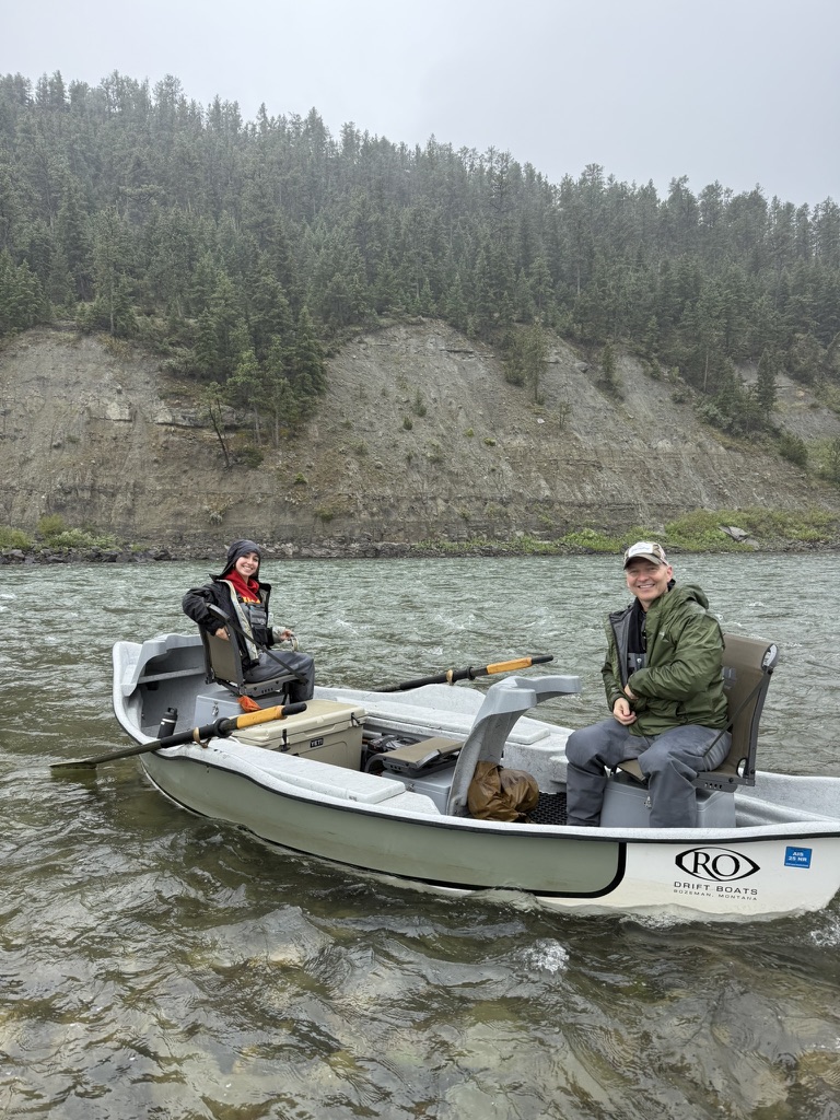 Guide and angler in drift boat on the Yellowstone River